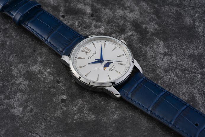 Citizen Classic AK5000-03A Men Moon Phase Silver Dial Blue Leather Strap