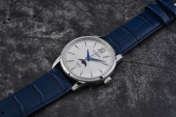 Citizen Classic AK5000-03A Men Moon Phase Silver Dial Blue Leather Strap
