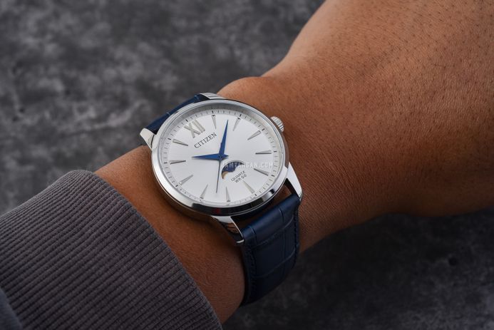 Citizen Classic AK5000-03A Men Moon Phase Silver Dial Blue Leather Strap