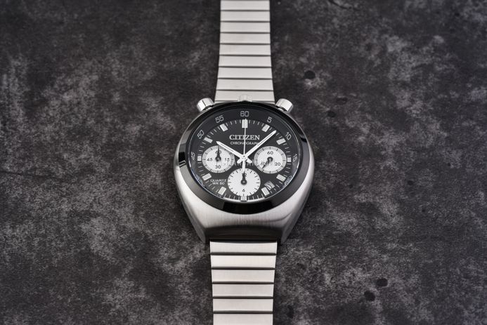 Citizen Chronograph AN3660-81E Tsuno Crono Bullhead Record Label Black Dial Stainless Steel Strap