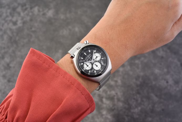 Citizen Chronograph AN3660-81E Tsuno Crono Bullhead Record Label Black Dial Stainless Steel Strap