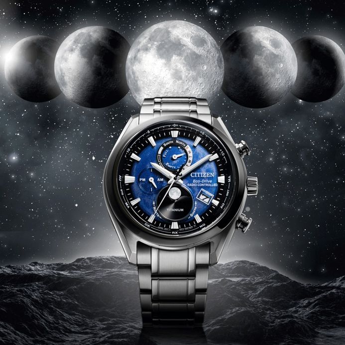 Citizen Eco Drive BY1010-81L Tsuki Yomi Moon Phase Blue Dial Super Titanium Strap