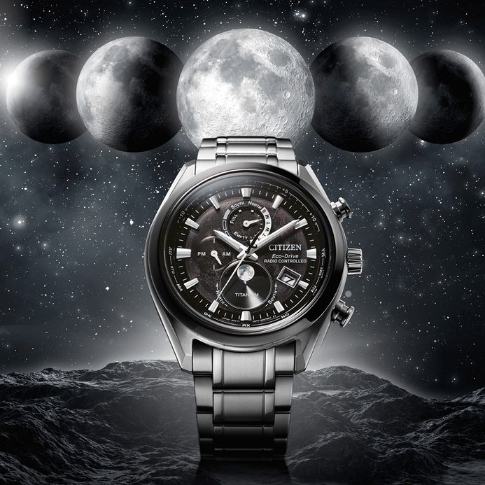 Citizen Eco Drive BY1018-80E Men Tsuki-yomi Black Moon Phase Dial Titanium Strap