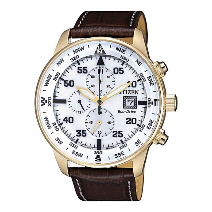 Citizen Eco Drive CA0693-12A Men Chronograph White Dial Brown Leather Strap