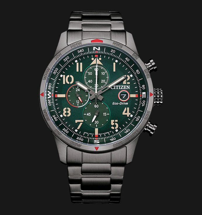 Citizen Chronograph CA0797-84X Eco-Drive Green Dial Gun Metal Stainless Steel Strap