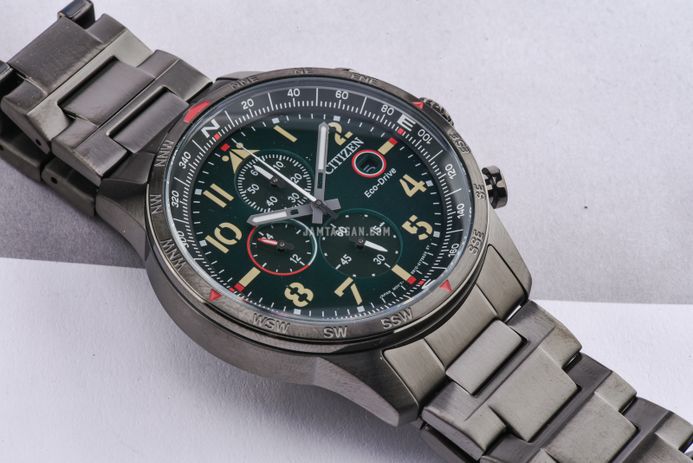 Citizen Chronograph CA0797-84X Eco-Drive Green Dial Gun Metal Stainless Steel Strap