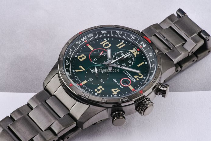 Citizen Chronograph CA0797-84X Eco-Drive Green Dial Gun Metal Stainless Steel Strap
