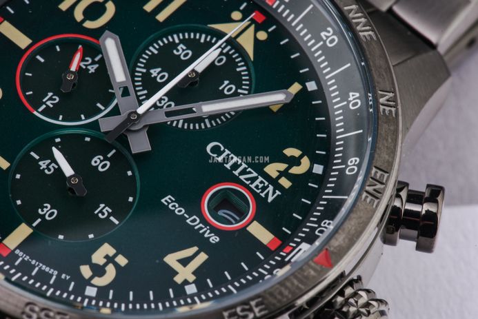 Citizen Chronograph CA0797-84X Eco-Drive Green Dial Gun Metal Stainless Steel Strap