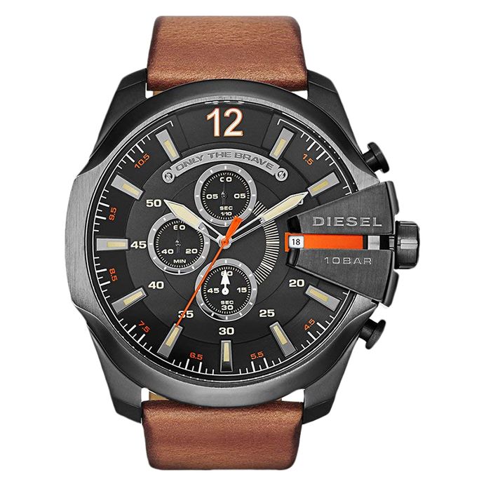Diesel Mega Chief DZ4343 Chronograph Men Black Dial Brown Leather Strap