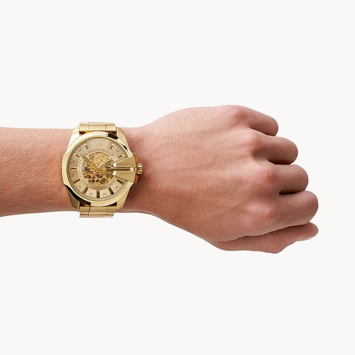 Diesel Mega Chief DZ7456 Automatic Gold Semi Skeleton Dial Gold Stainless  Steel Strap