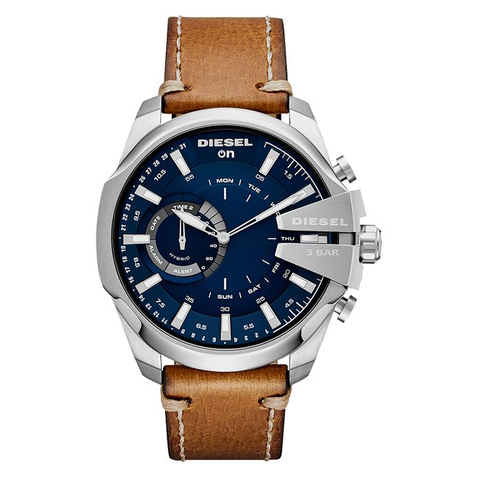 Diesel Mega Chief DZT1009 Hybrid Smartwatch Chronograph Men Blue Dial Brown  Leather Strap