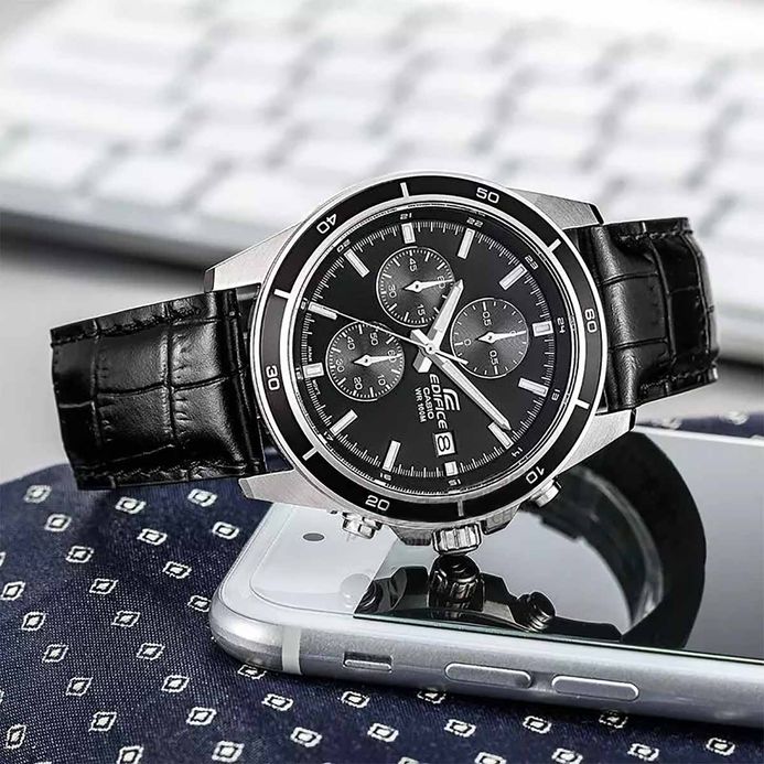 Casio Edifice EFR-526L-1AVUDF Chronograph Men Black Dial Black Leather Band | Jamtangan.com