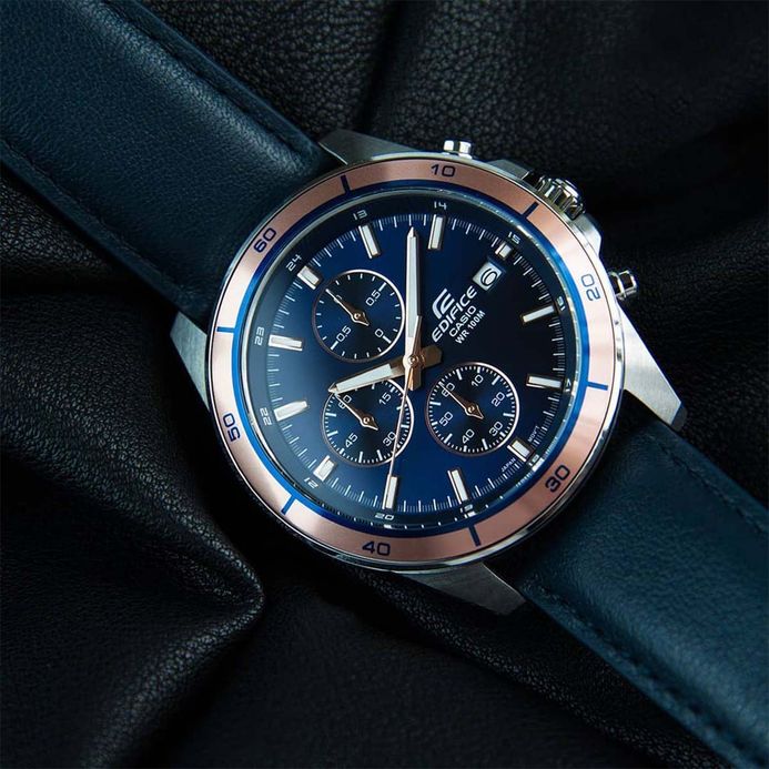 Casio Edifice EFR-526L-2A EFR-526L-2AVUDF Chronograph Men Blue Dial Blue  Leather Band | Jamtangan.com