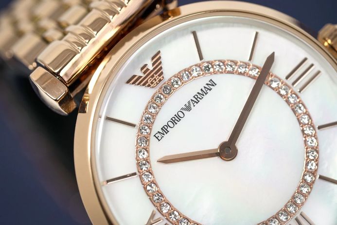 Emporio Armani AR1909 Ladies Mother Of Pearl Dial Rose Gold Stainless ...