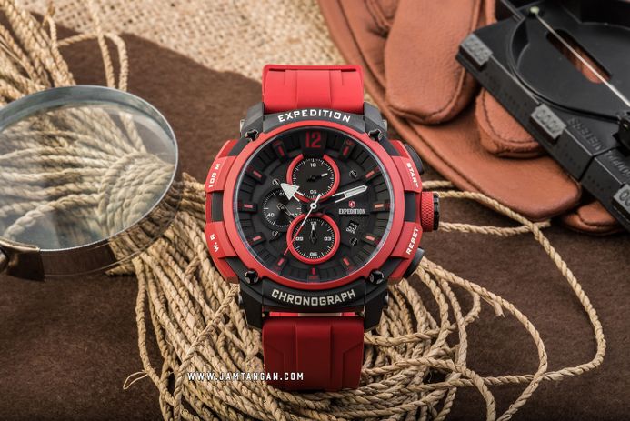 Expedition Chronograph E 6781 MC RIPBARE Men Black Dial Red Rubber Strap