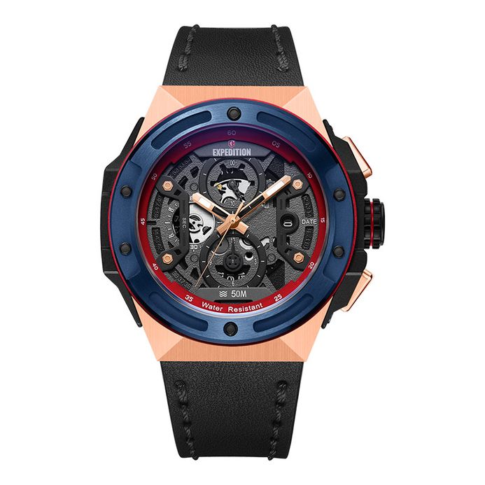 Expedition Chronograph E 6818 MC LURBARE Black Dial Black Leather