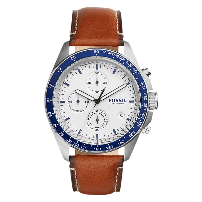 Fossil CH3029 Men Sport 54 Chronograph White Dial Brown Leather Strap - Main Image