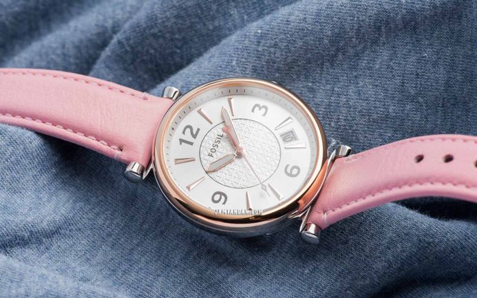 Fossil Carlie ES5160 Ladies Silver Dial Pink Leather Strap - Main Image