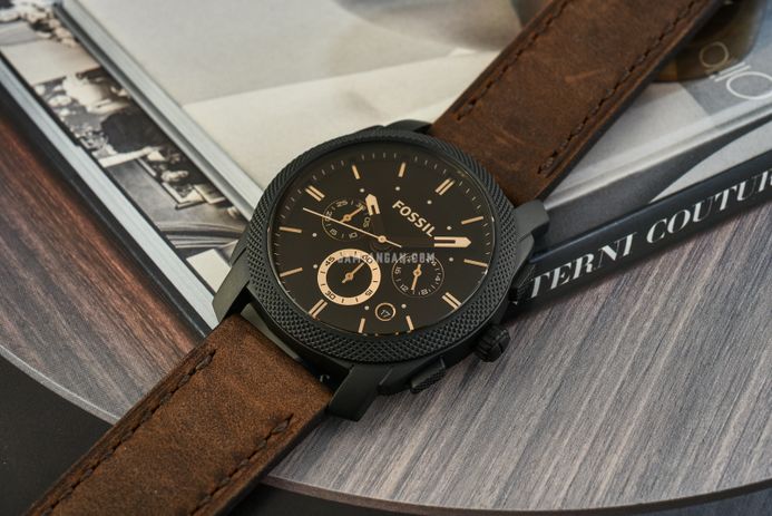 Fossil Machine FS4656 Men Chronograph Black Dial Brown Leather Strap