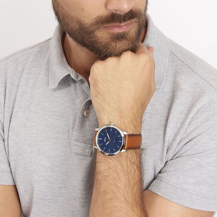 Fossil Minimalist FS5304 Men Blue Dial Light Brown Leather Strap