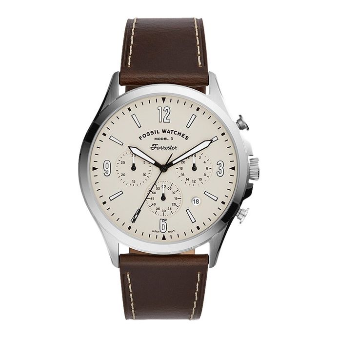 Fossil Forrester FS5696 Chronograph Men Cream Dial Brown Leather Strap