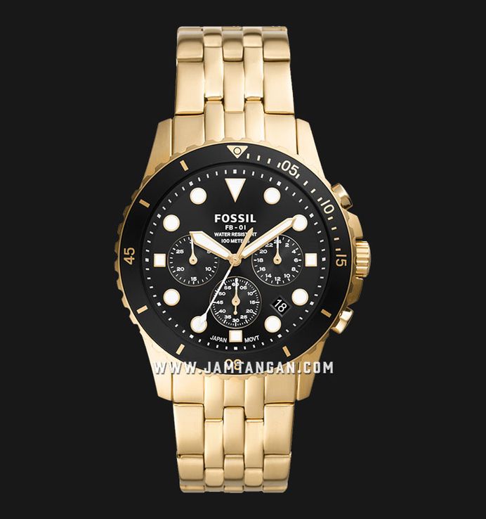 Fossil FB-01 FS5836 Chronograph Men Black Dial Gold Stainless Steel Strap