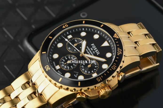 Fossil FB-01 FS5836 Chronograph Men Black Dial Gold Stainless Steel Strap
