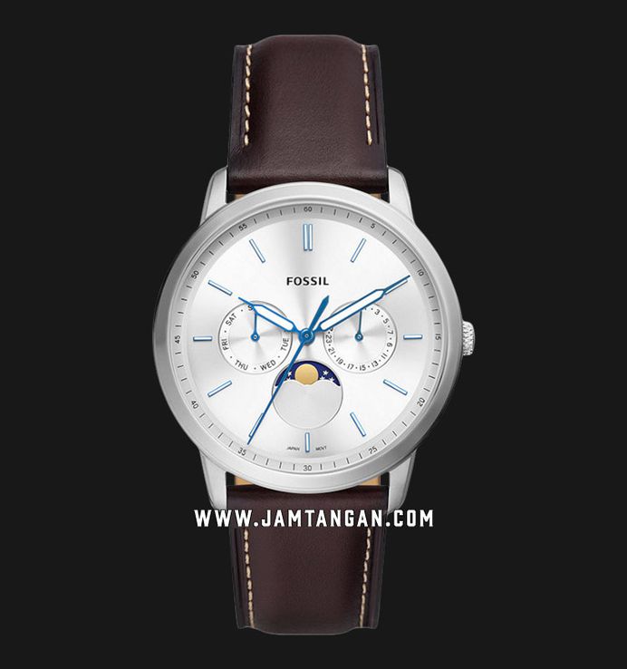 Fossil Neutra FS5905 Moonphase Men Silver Dial Dark Brown Leather Strap