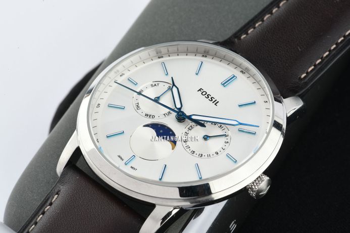 Fossil Neutra FS5905 Moonphase Men Silver Dial Dark Brown Leather Strap