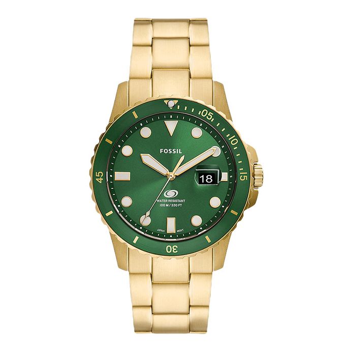 Fossil Blue FS5950 Men Green Dial Gold Stainless Steel Strap