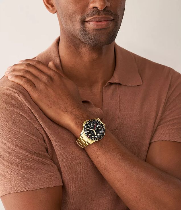 Fossil Blue GMT FS5990 Black Dial Gold-Tone Stainless Steel Strap
