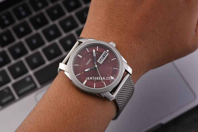 Fossil Machine FS6014 Men Burgundy Dial Mesh Strap