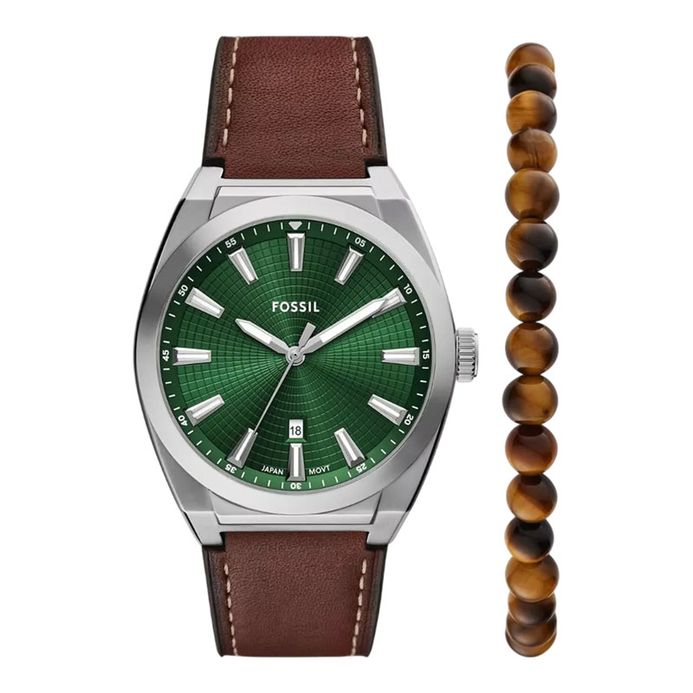 Fossil Everett FS6080SET Men Green Dial Brown Leather Strap