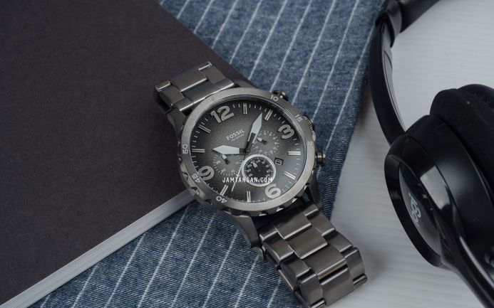 Fossil Nate JR1437 Chronograph Smoke Dial Gunmetal Stainless Steel Strap