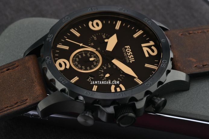 Fossil Nate JR1487 Chronograph Brown Dial Brown Leather Strap