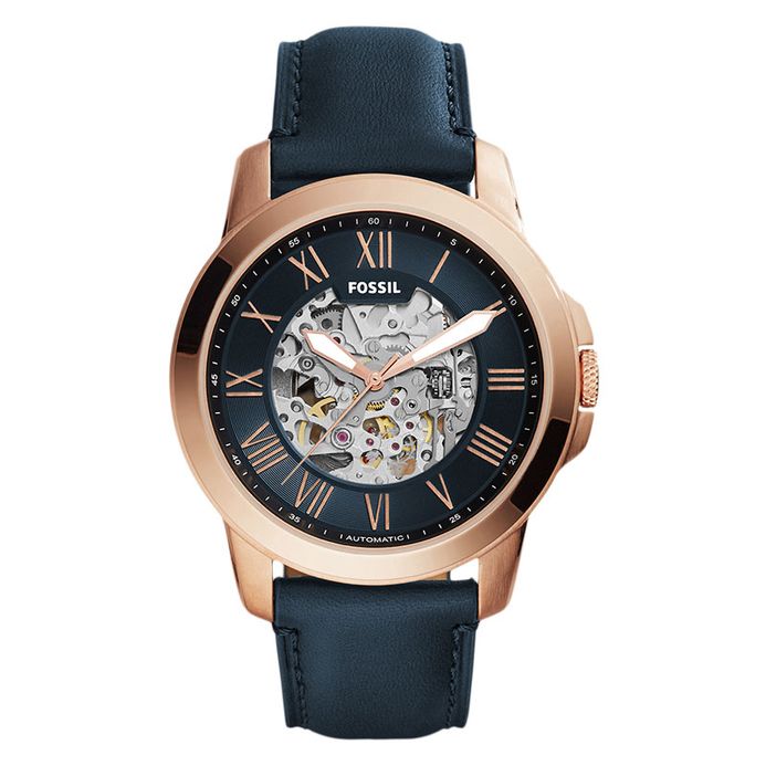 Fossil ME3102 Grant Navy Blue Skeleton Dial Blue Leather Strap Watch