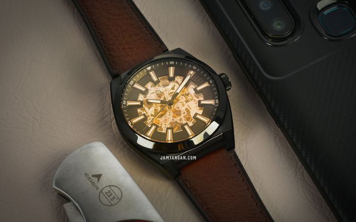 Fossil Everett ME3207 Men Automatic Skeleton Dial Dark Brown Leather ...