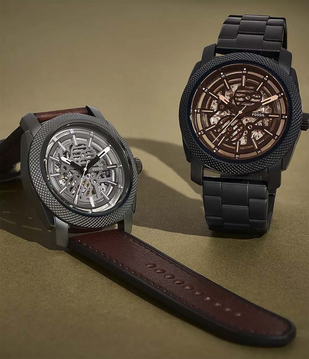 Fossil Machine ME3254 Men Automatic Skeleton Grey Dial Brown