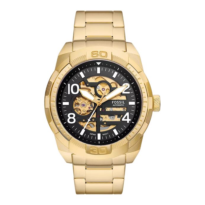 Fossil Bronson ME3257 Men Automatic Skeleton Black Dial Gold