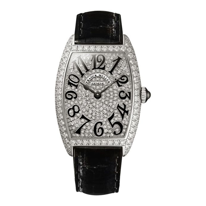 Franck Muller Cintree Curvex 2852-B-QZ-WHD Diamond Aftersetting Silver Dial  Black Leather Strap