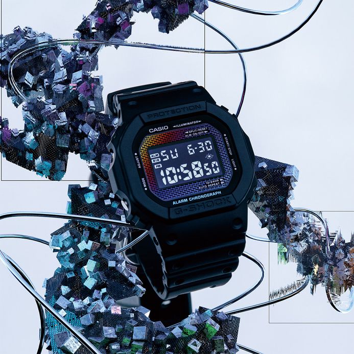 Casio G-Shock DW-5600RW-1DR Rainbow Brick Wall Digital Dial Black Resin Band