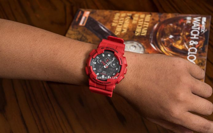 Casio G-Shock GA-100B-4ADR Black Digital Analog Dial Red Resin Band