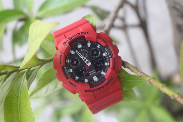 Casio G-Shock GA-100B-4ADR Black Digital Analog Dial Red Resin Band