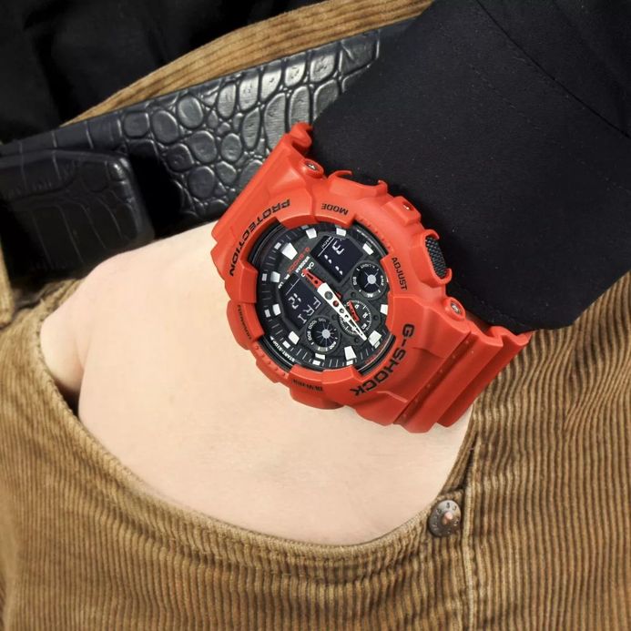 Casio G-Shock GA-100B-4ADR Black Digital Analog Dial Red Resin Band