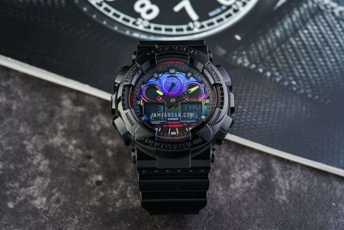 Casio G-Shock GA-100RGB-1ADR Virtual Rainbow Digital Analog Dial Black Resin Band