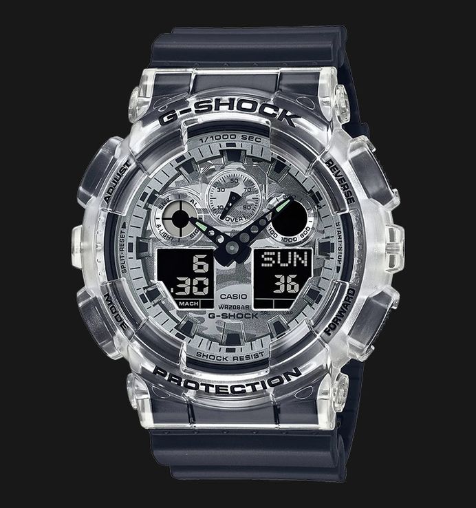 Casio G-Shock GA-100SKC-1ADR Skeleton Camouflage Digital Analog Dial Black Resin Band
