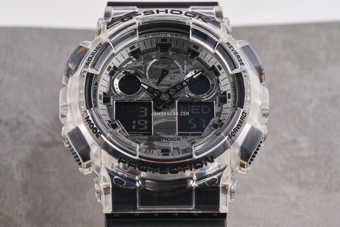 Casio G-Shock GA-100SKC-1ADR Skeleton Camouflage Digital Analog Dial Black Resin Band