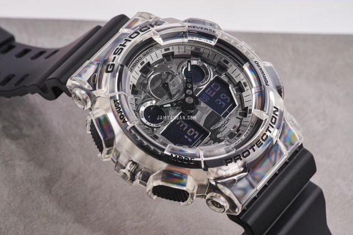 Casio G-Shock GA-100SKC-1ADR Skeleton Camouflage Digital Analog Dial Black Resin Band