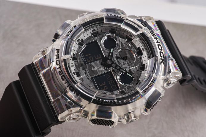 Casio G-Shock GA-100SKC-1ADR Skeleton Camouflage Digital Analog Dial Black Resin Band