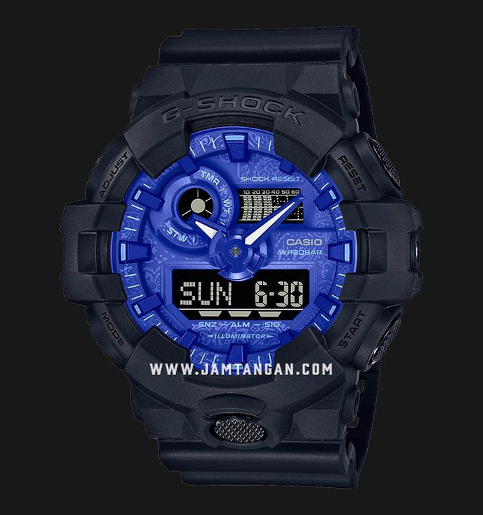 Casio G-Shock GA-700BP-1ADR Blue Paisley Digital Analog Striking Blue Dial Black Resin Band
